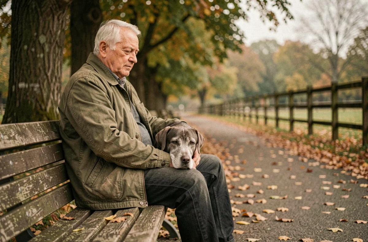 Homme âgé assis sur un banc avec son vieux labrador en automne, évoquant les derniers moments avant l'euthanasie d'un chien âgé