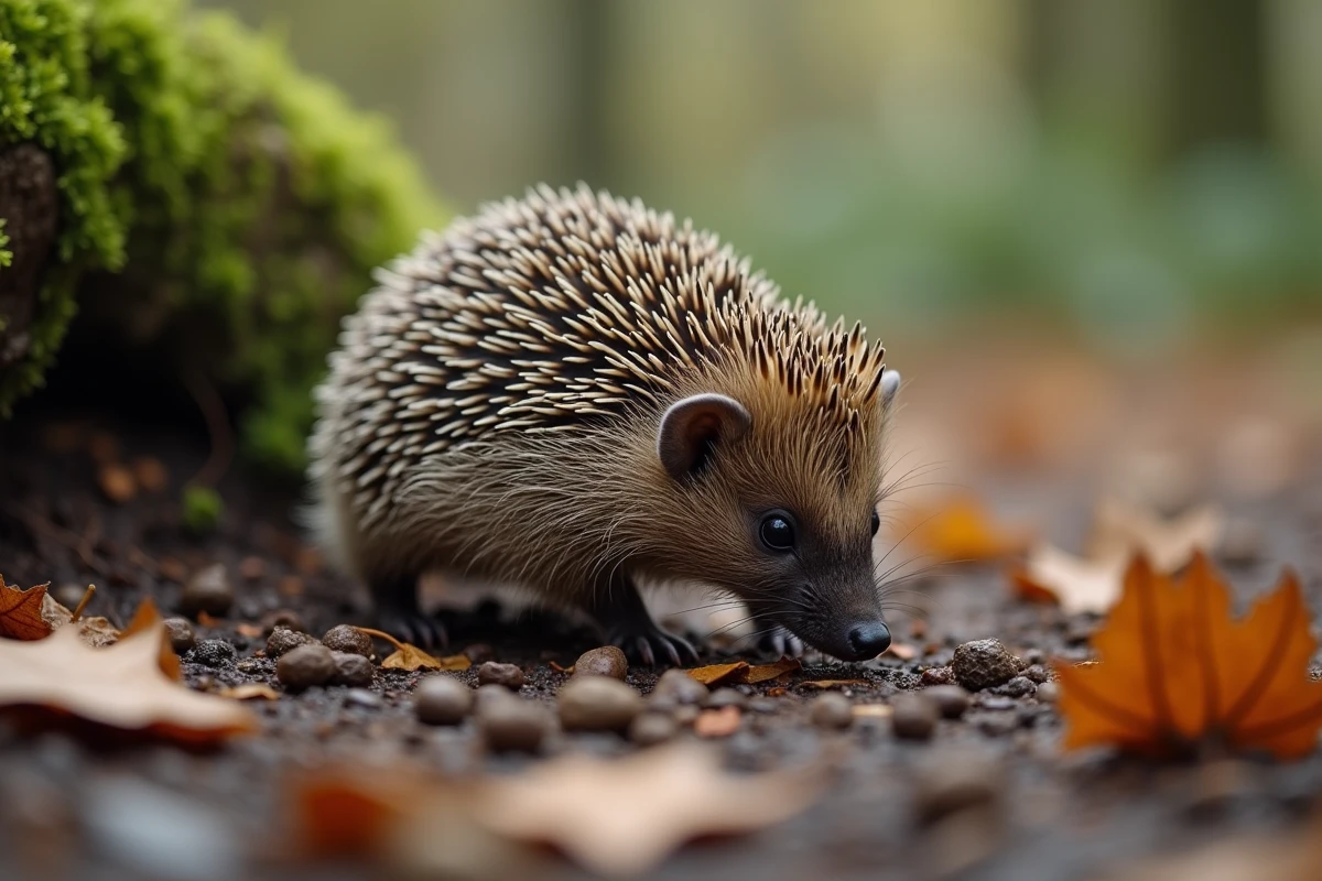 Hérisson en mouvement près de déjections dans la forêt