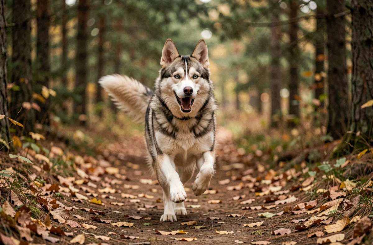 Chien croisé husky berger allemand en pleine course sur un sentier forestier en automne