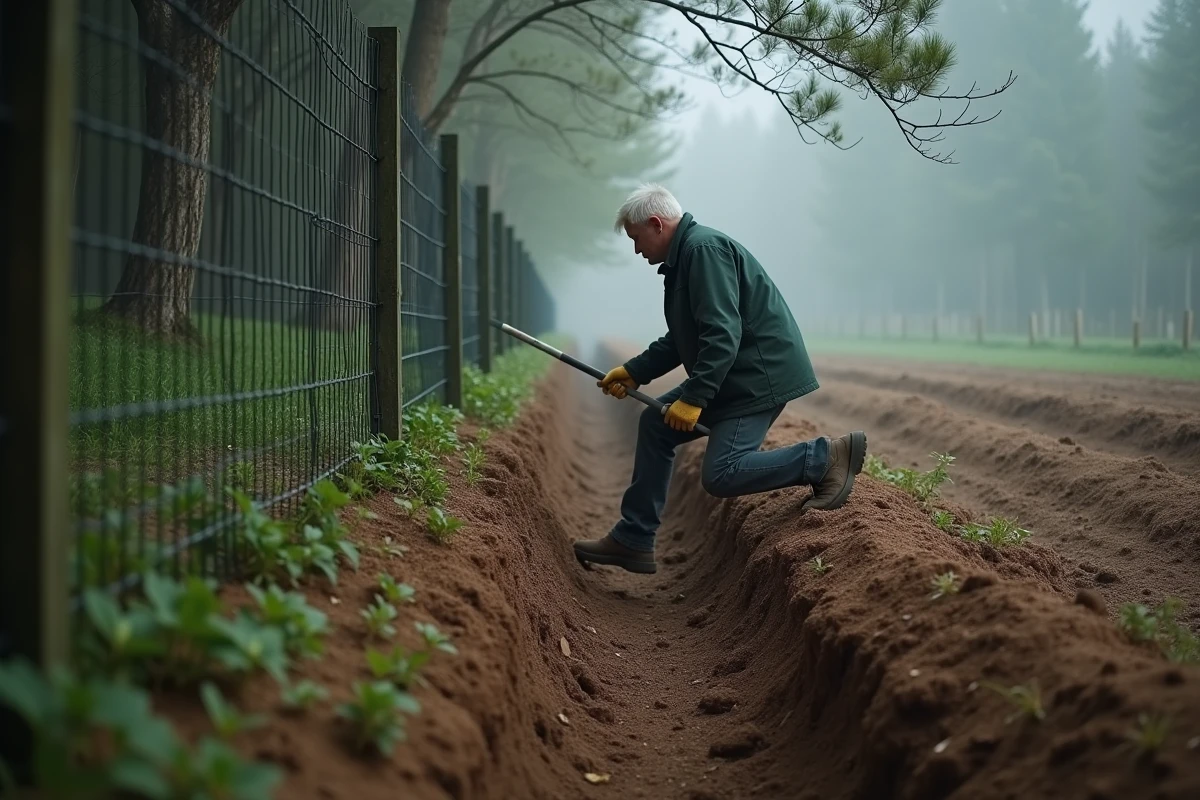 Homme installant une clôture grillagée en périphérie d'une propriété rurale pour protéger le jardin contre les intrusions de sangliers, traces visibles dans la terre