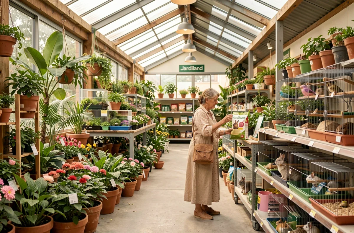 Rayon animalerie et jardinerie chez Jardiland à Nice avec cliente examinant des produits pour lapins