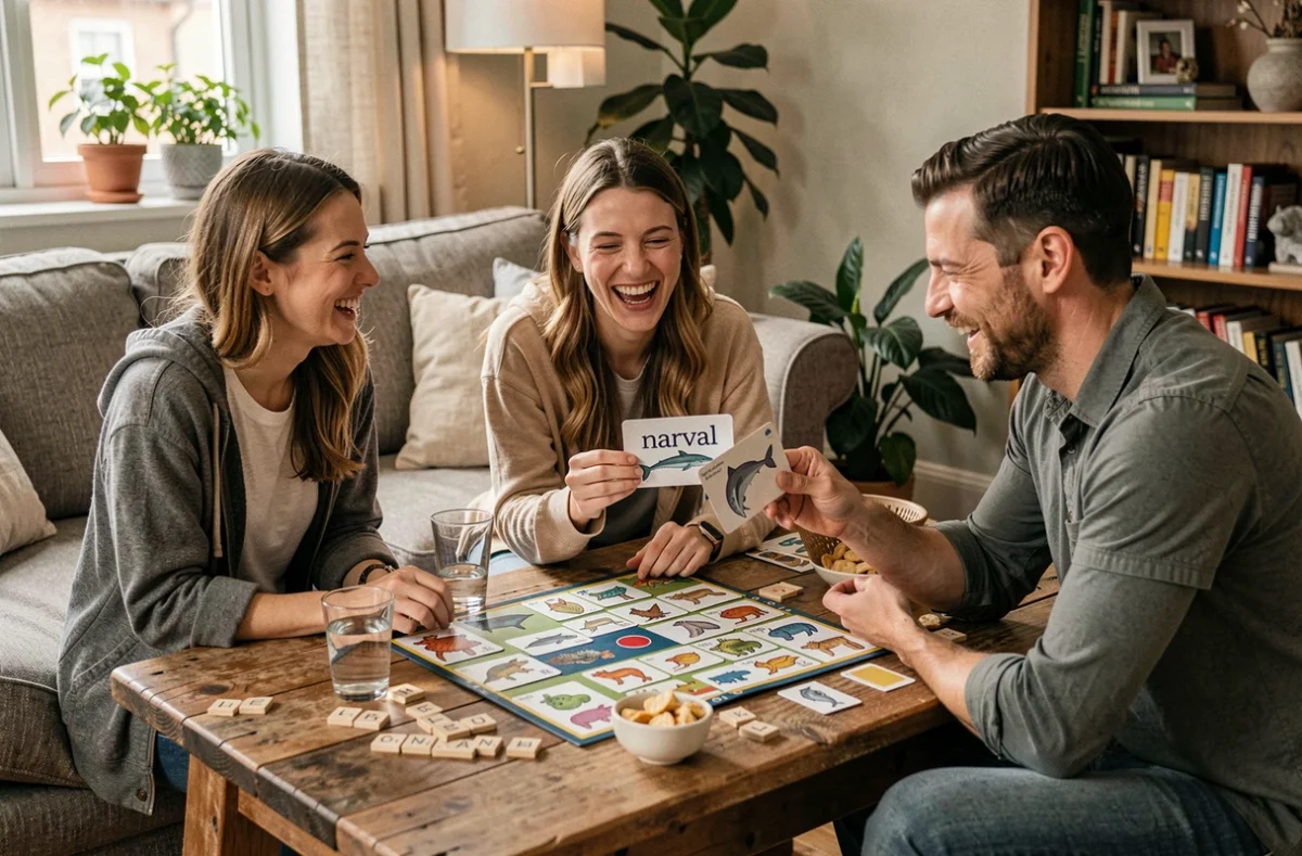Groupe d'adultes jouant à un jeu de société avec des cartes d'animaux commençant par la lettre N dans un salon chaleureux