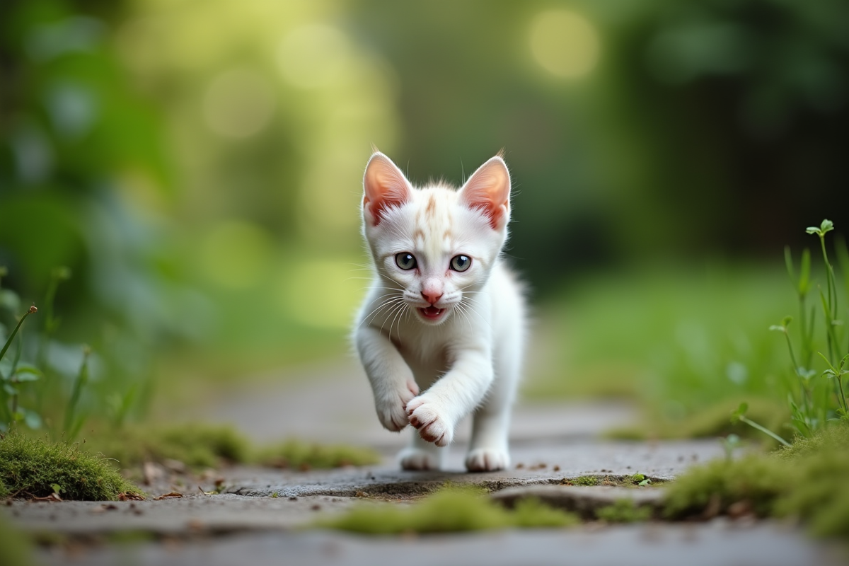 Jeune chat Bengal blanc jouant dans un jardin vert
