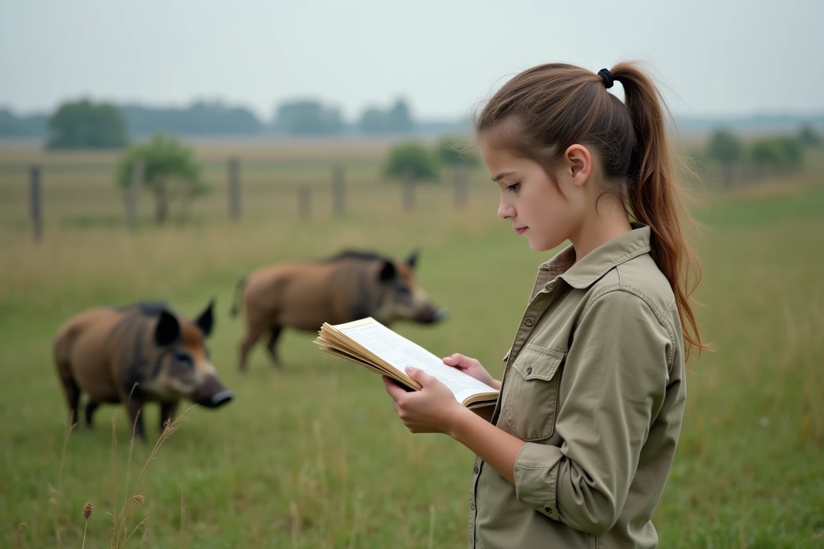 Jeune femme conservationniste observant des sangliers