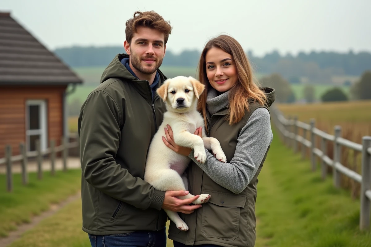 Jeune couple avec un chiot dans la campagne