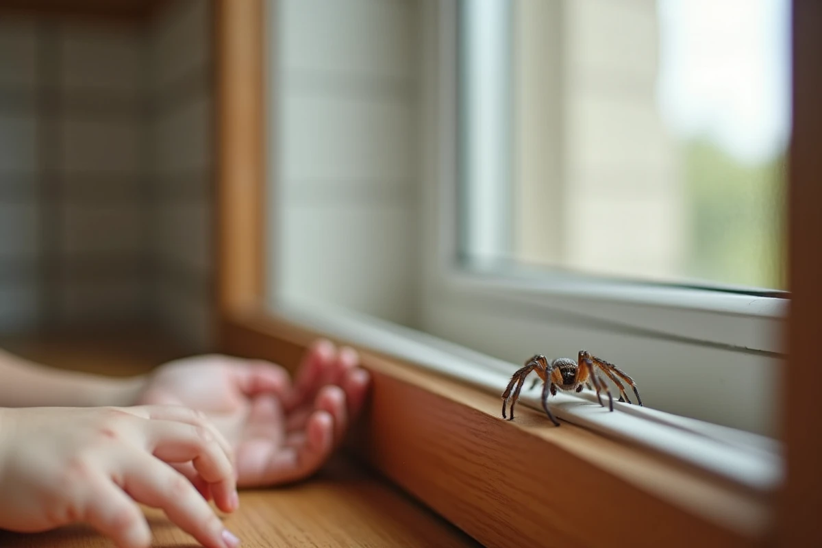 Enfant regardant une petite araignee sur la fenêtre de cuisine
