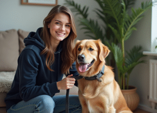 Salaire d’une personne qui garde un chien : combien gagne-t-elle vraiment ? Jeune femme en hoodie avec chien dans un salon chaleureux