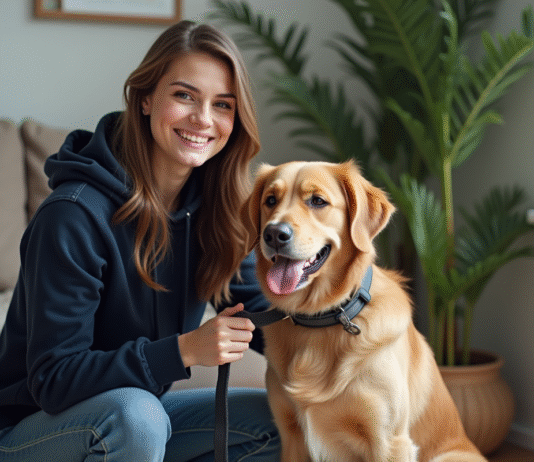 Salaire d’une personne qui garde un chien : combien gagne-t-elle vraiment ? Jeune femme en hoodie avec chien dans un salon chaleureux