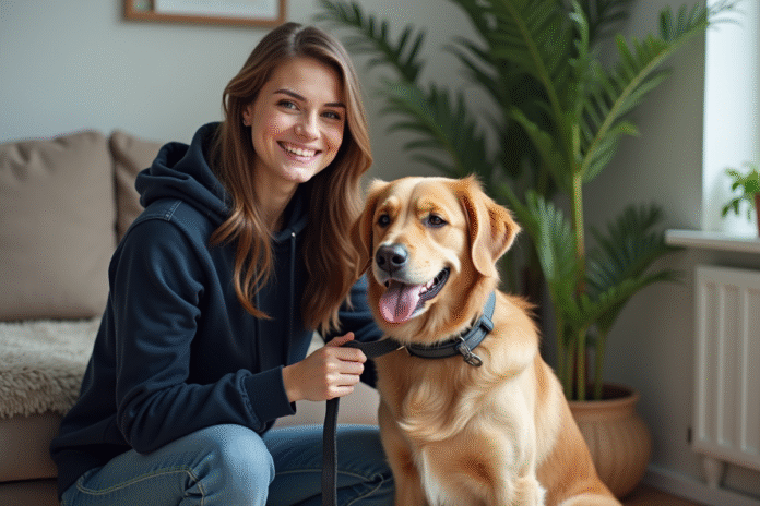 Jeune femme en hoodie avec chien dans un salon chaleureux