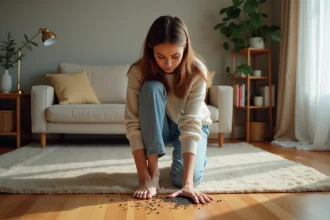 Jeune femme à genoux examine de petites particules au sol