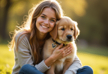 Jeune femme souriante avec un chien en peluche dans un parc ensoleille
