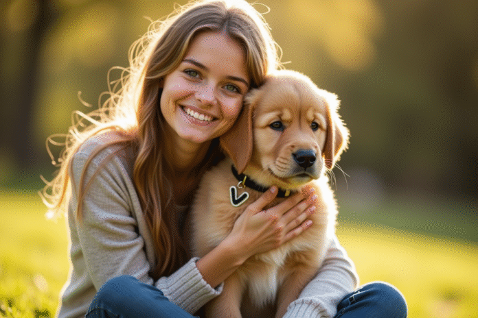 Jeune femme souriante avec un chien en peluche dans un parc ensoleille