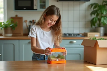 Jeune fille souriante déballant un kit de terrarium à la maison