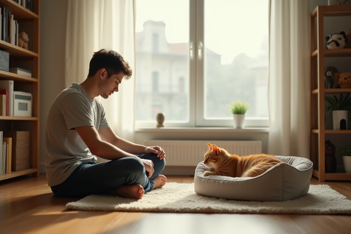 Jeune homme assis près de son chat dans un intérieur lumineux