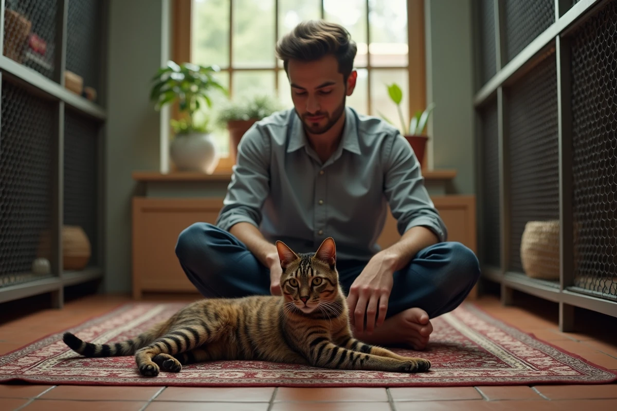 Jeune homme observant un Mau dans une chatterie chaleureuse