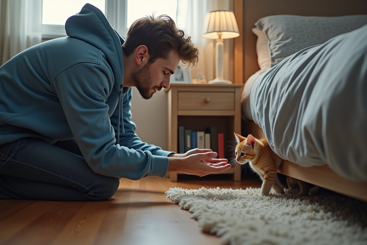 Jeune homme tendant la main à un chaton dans la chambre