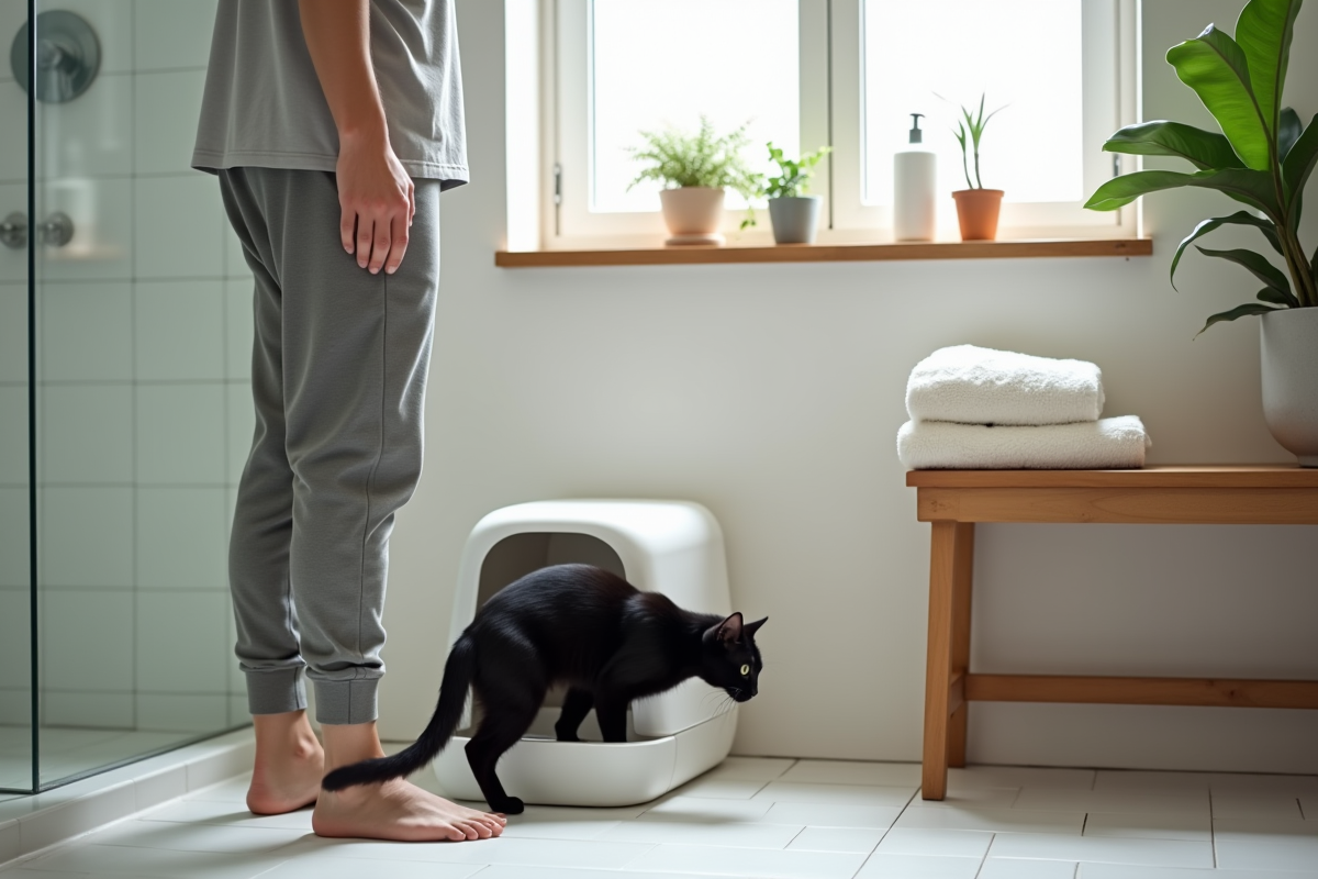 Jeune homme regarde son chat entrer dans la litière