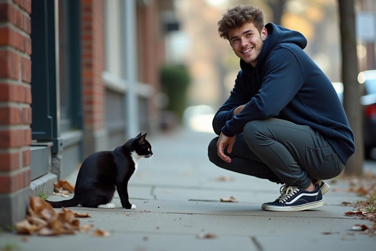 Jeune homme curieux avec un chat dans une rue urbaine
