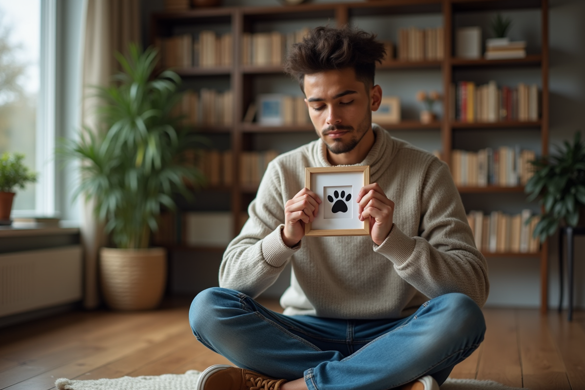 Jeune homme tenant un cadre avec empreinte de patte dans un salon