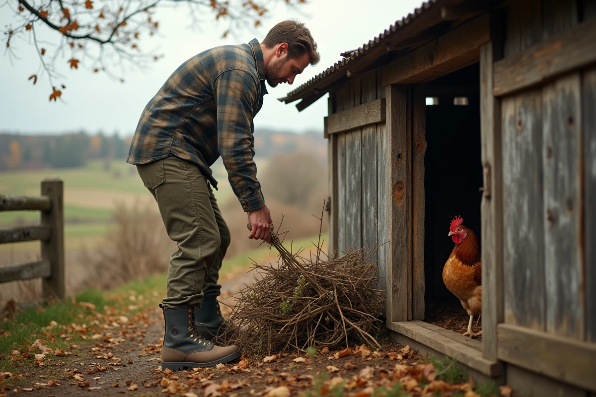 Jeune homme en vêtements de travail installant barrière naturelle près de la poulailler