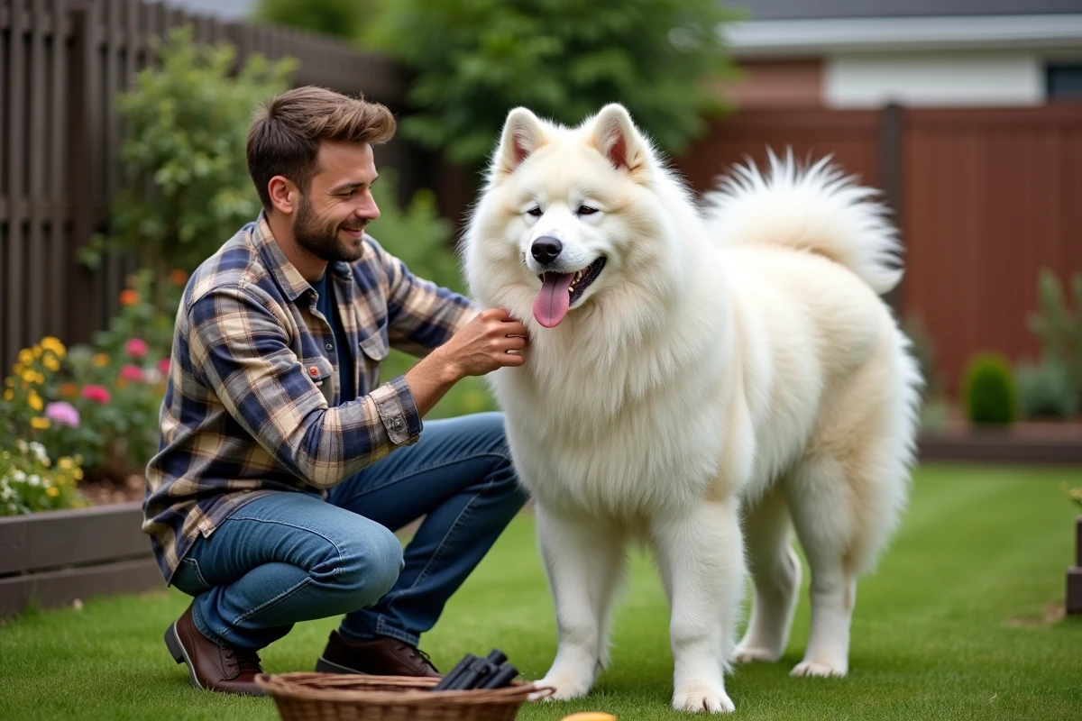 Jeune homme coiffant un samoyed dans un jardin organisé