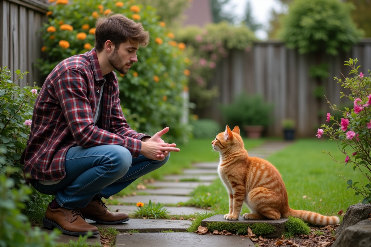 Jeune homme dans un jardin avec un chat orange