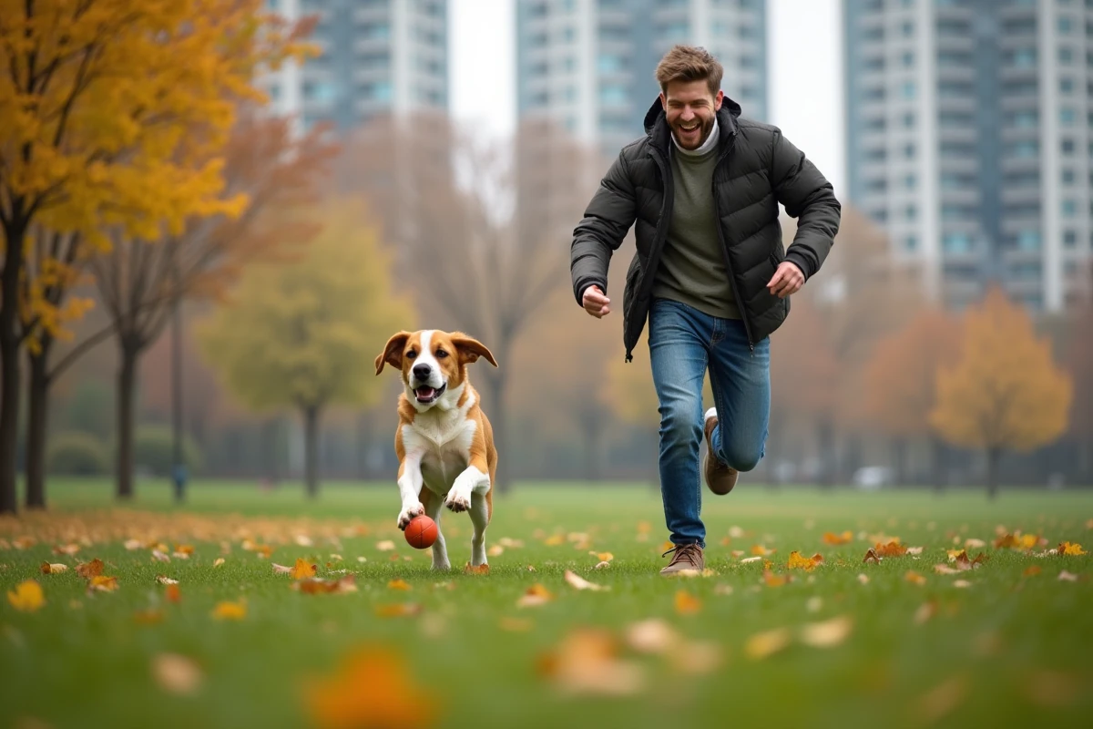 Jeune homme jouant avec son chien dans un parc urbain