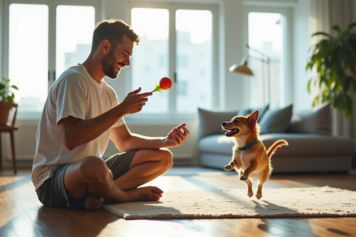 Jeune homme jouant avec un chien dans un appartement moderne
