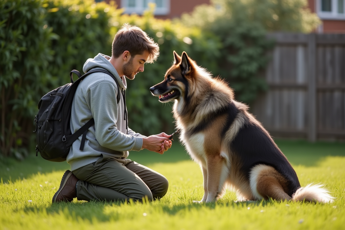 Jeune homme vérifiant le pelage de son chien dans le jardin