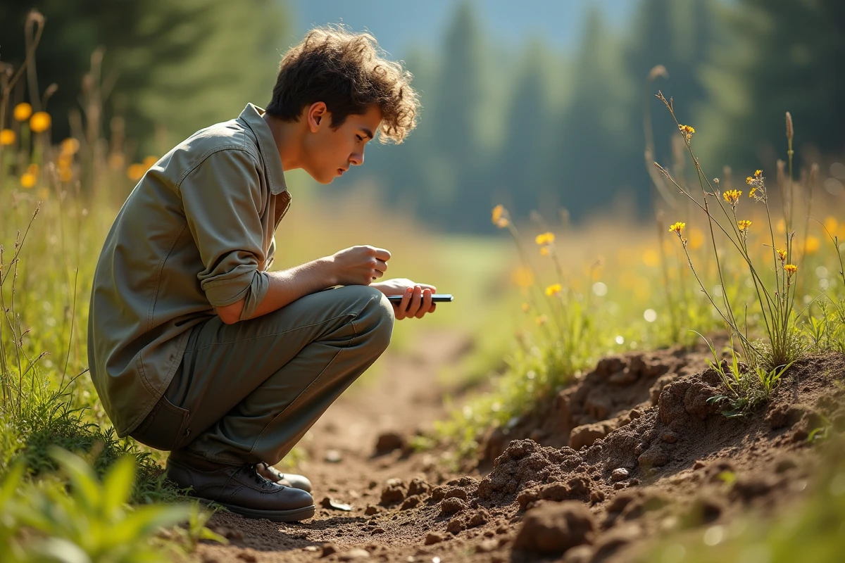 Jeune scientifique observant un fourmilière dans la prairie
