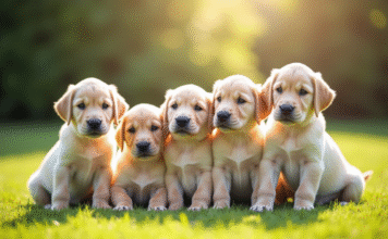 Comment choisir un chiot labrador américain : critères et recommandations Groupe de chiots labrador retriever sur pelouse ensoleillee