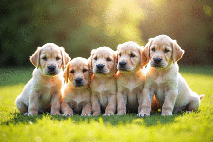 Groupe de chiots labrador retriever sur pelouse ensoleillee