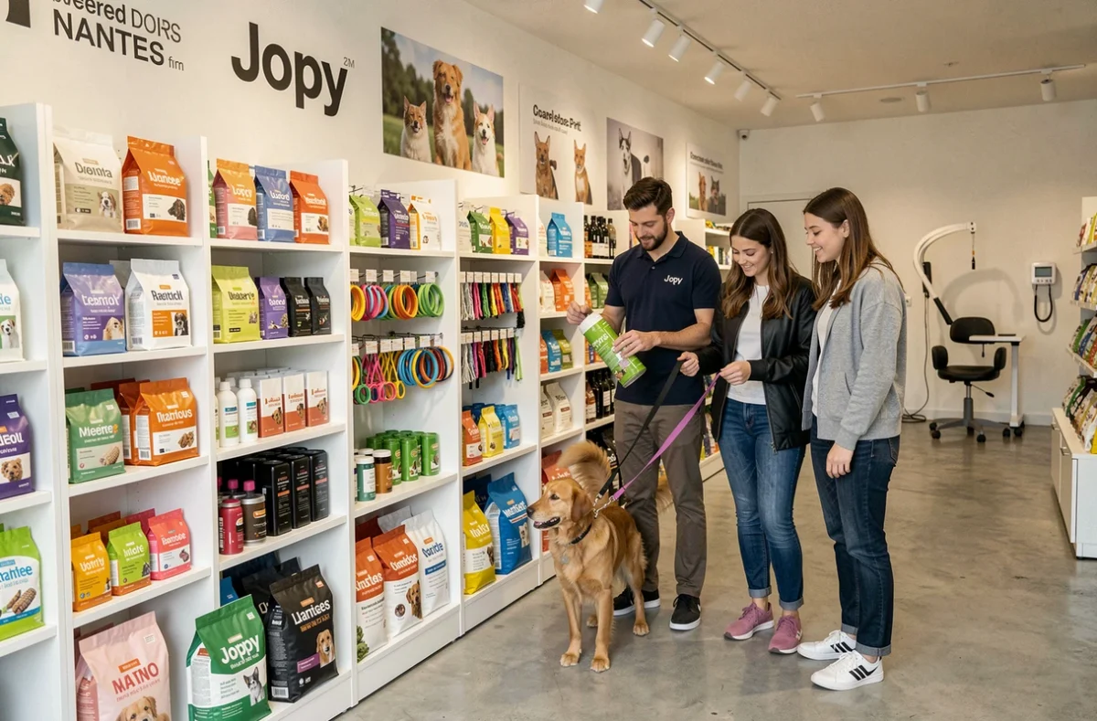 Intérieur moderne de la boutique Jopy à Nantes avec un employé conseillant un couple et leur chien dans le rayon accessoires