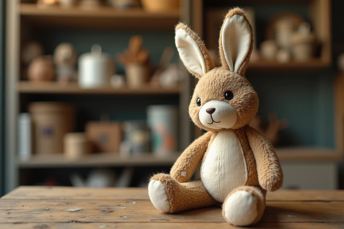 Jouet lapin en peluche d'occasion posé sur une table en bois dans une boutique de seconde main