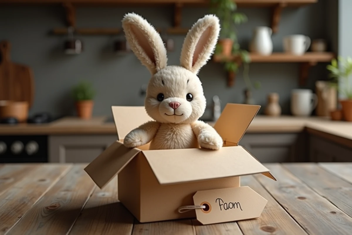 Jouet lapin Petsboro d'occasion présenté dans une boîte cadeau kraft prêt à être offert