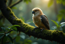 Kakapo perché sur une branche verte en forêt de Nouvelle Zélande