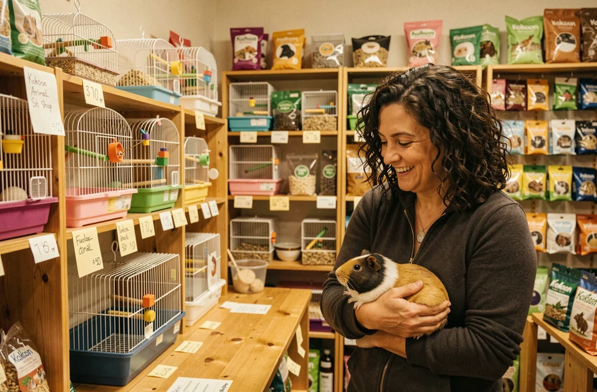 Intérieur de Kokoon Animal Shop à Brignoles avec propriétaire et client tenant un cochon d'Inde