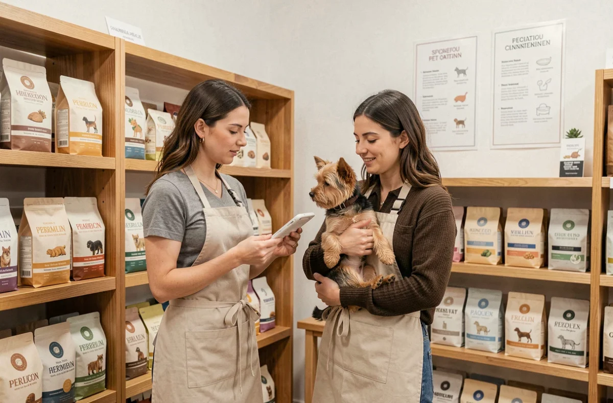 Conseillère de La Croquetterie à Carquefou recommandant des croquettes premium à une cliente tenant son petit chien