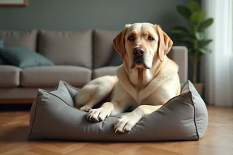 Jeune labrador sur coussin robuste dans salon moderne