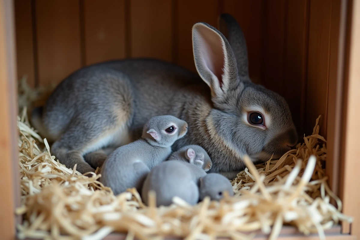 Lapine mère allaitant ses lapereaux nouveau-nés dans un nid douillet tapissé de fourrure