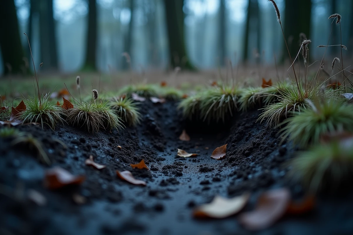 Latrines de blaireau avec crottes fraîches et empreintes dans la boue en lisière de forêt à l'automne