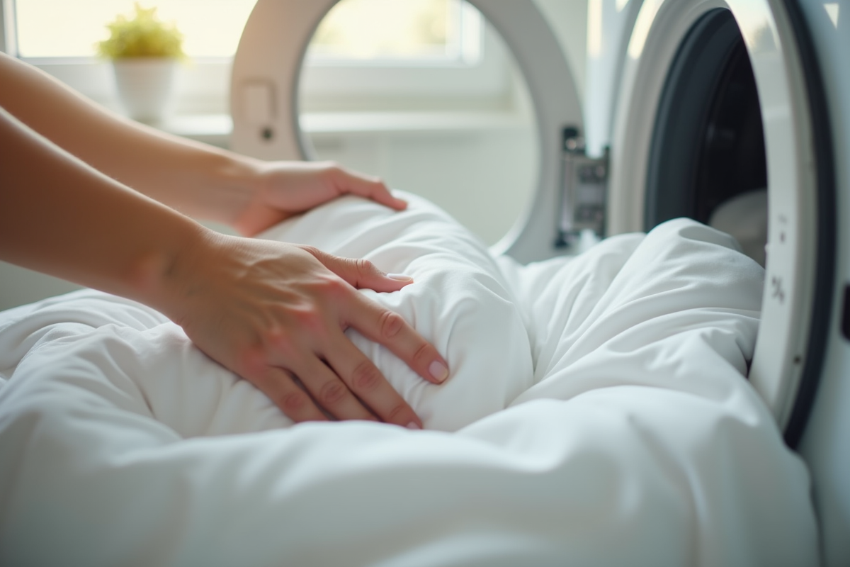 Mains plaçant des draps blancs dans la machine à laver dans un intérieur cosy
