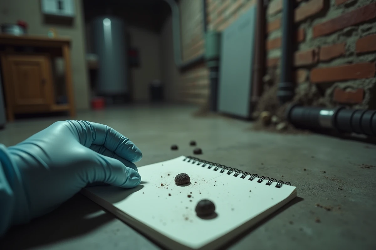 Main gantée tenant un carnet près de déjections dans un sous-sol