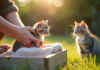 Mains douces soulevant un petit chaton dans une caisse en bois