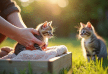 Mains douces soulevant un petit chaton dans une caisse en bois