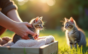 Retirer les chatons d’une mère sauvage : conseils et bonnes pratiques Mains douces soulevant un petit chaton dans une caisse en bois