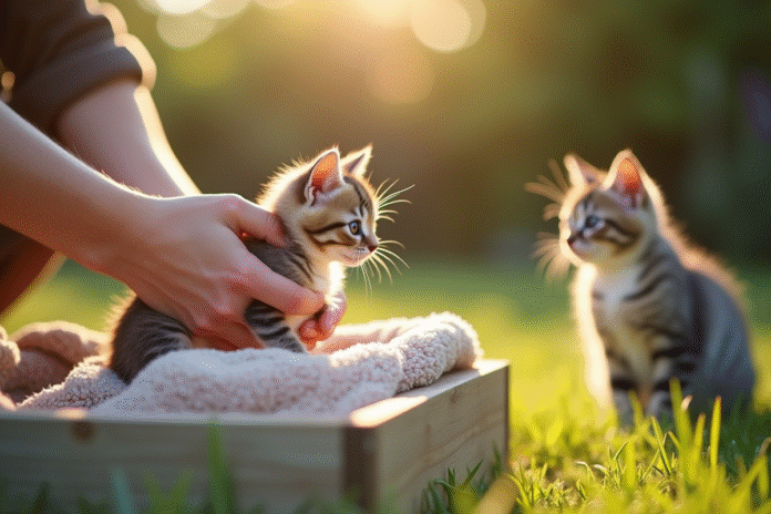 Mains douces soulevant un petit chaton dans une caisse en bois