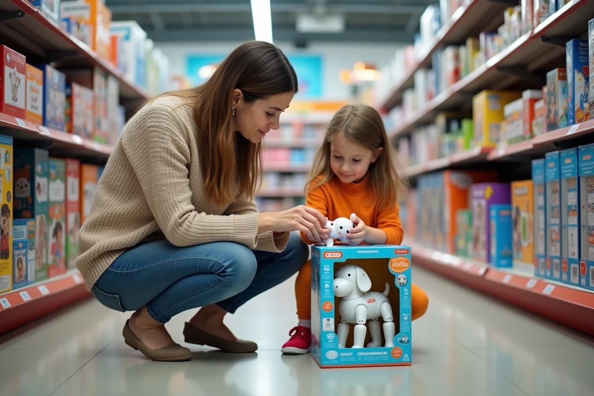 Maman et fille inspectent un robot chien en magasin