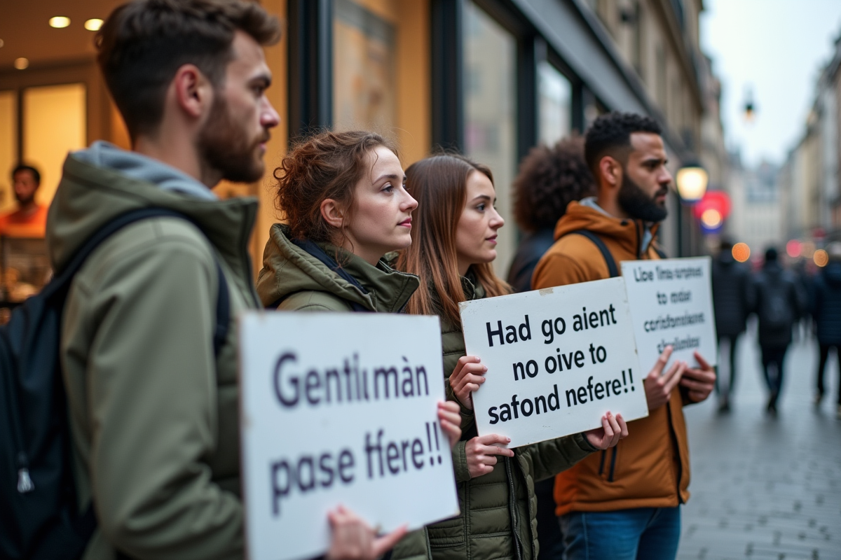 Groupe d activistes de la protection animale devant un magasin