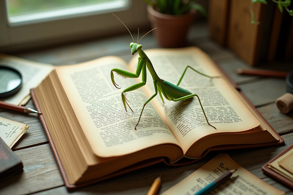 Mante religieuse posée sur un livre de botanique avec annotations scientifiques en latin sur un bureau en bois